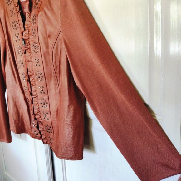 Peter Nygard Vintage 1/2 Leather 1/2 Sweater Zip Up Jacket in Burnt Orange Sz XL - Picture 6 of 8